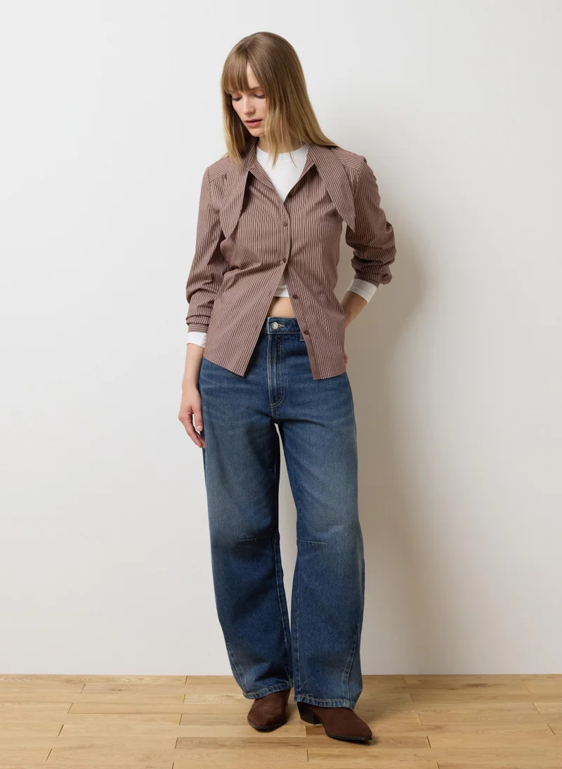 او في اس OVS Brown Striped Cotton-Blend Shirt With Oversized Fit